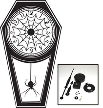 Load image into Gallery viewer, Burtonesque Gothic Coffin Clock w. Spider Web Detail Vinyl Wall Art &amp; Clock Kit - Pillbox Designs

