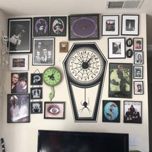 Load image into Gallery viewer, Burtonesque Gothic Coffin Clock w. Spider Web Detail Vinyl Wall Art &amp; Clock Kit - Pillbox Designs

