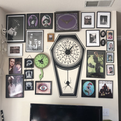 Burtonesque Gothic Coffin Clock w. Spider Web Detail Vinyl Wall Art & Clock Kit - Pillbox Designs